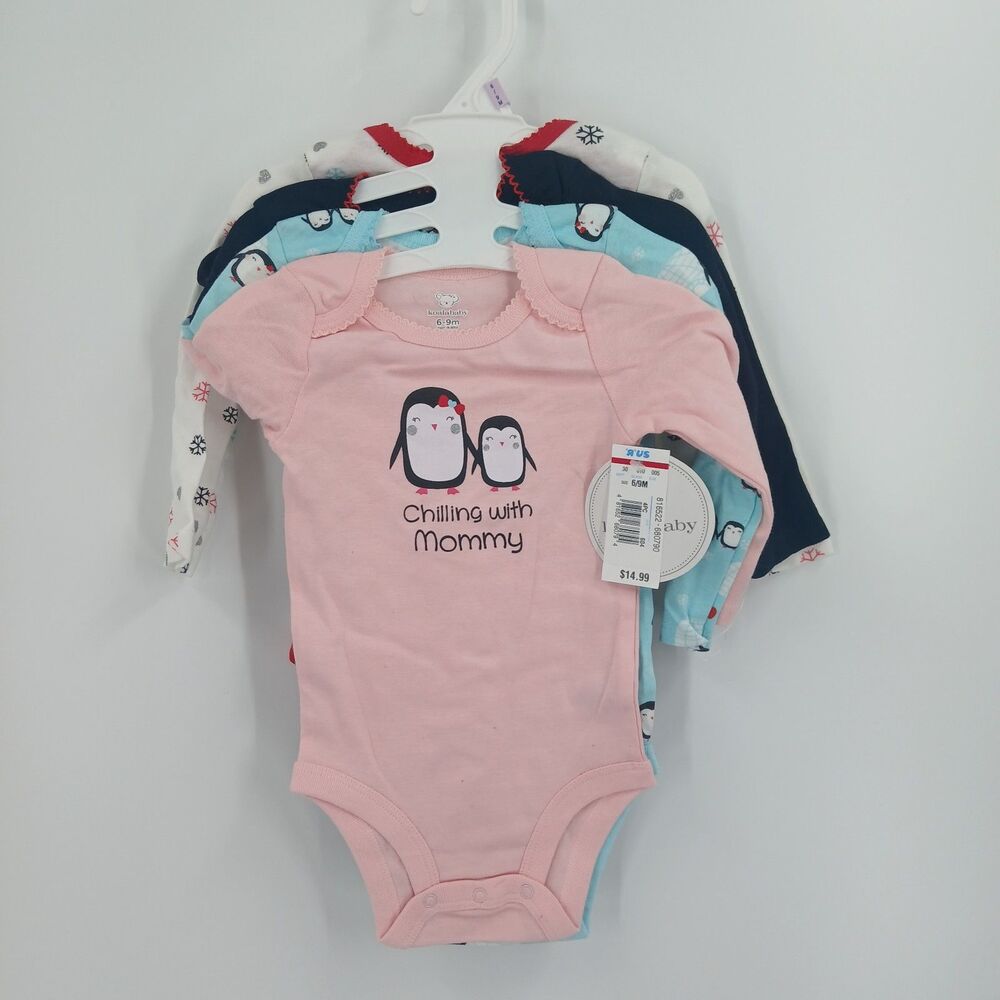 Koala Baby 6-9 Months Long Sleeve Onesie Bodysuits Set of 4 Pink Penguin NWT